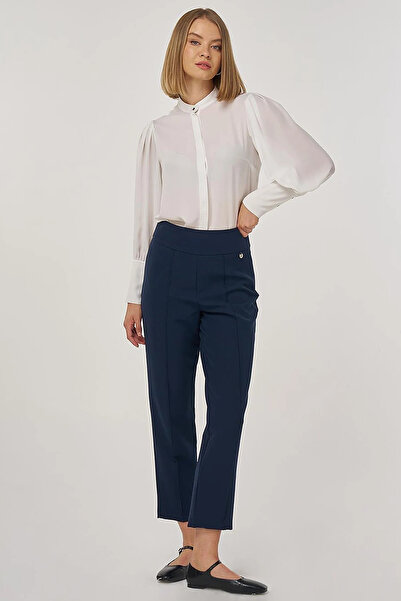 Kayra Çima Stitched High Waist Pipe Leg Trousers Dark Navy Blue