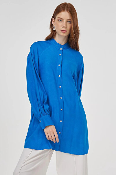 Kayra Viscose Tunic with Ruffle Collar Cobalt Blue