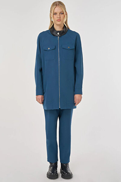 Kayra Leather Collar Comfortable Fit Two-Piece Suit Petrol