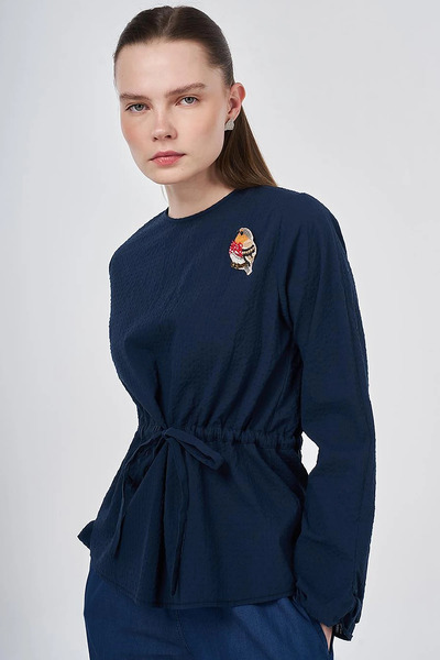 KYR 100% Cotton Lu Brooch Detailed Blouse Dark Navy Blue