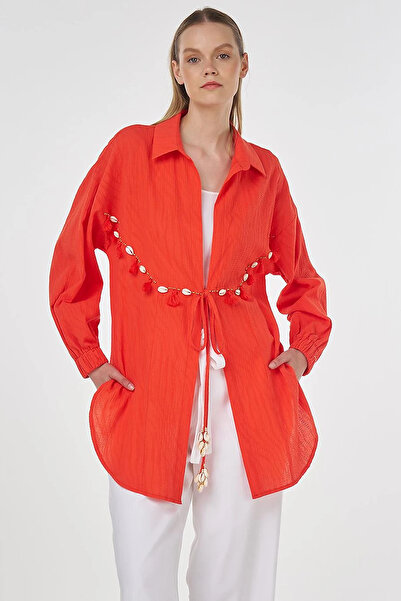 Kayra Seashell Embroidered Cotton Tunic Coral