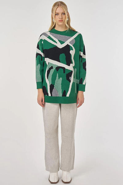 Kayra Abstract Pattern Viscose Knitwear Tunic Forest Green