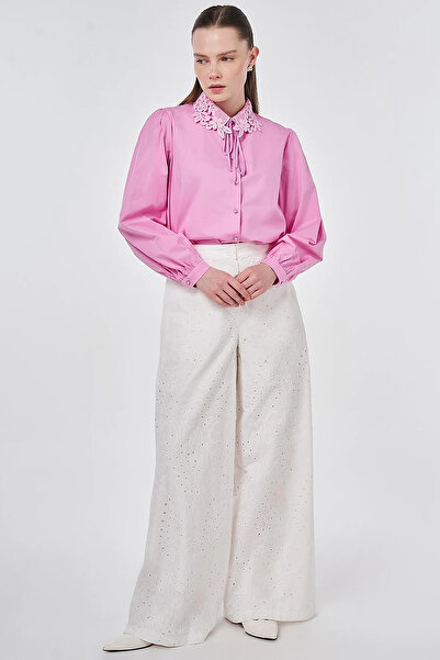 Kayra Elastic Waist Embroidered Trousers Ecru