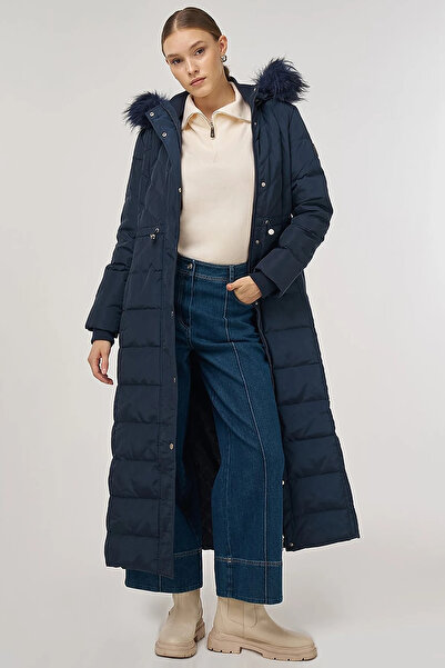 Kayra Snap Fastener Goose down Filled Coat Navy Blue