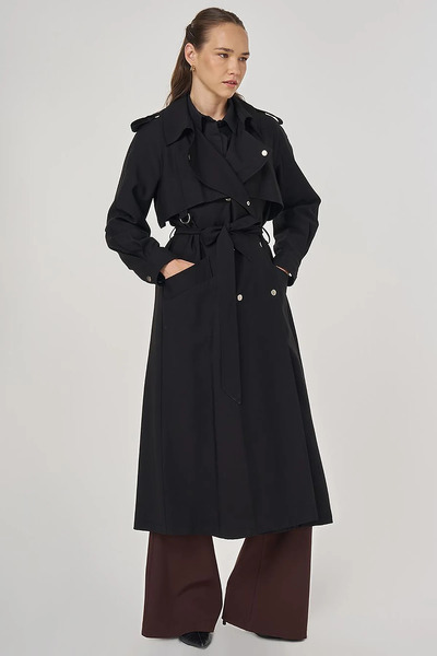 Kayra Belted Long Trench Coat Black