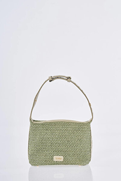 Kayra Leather Detailed Wicker Bag Mint
