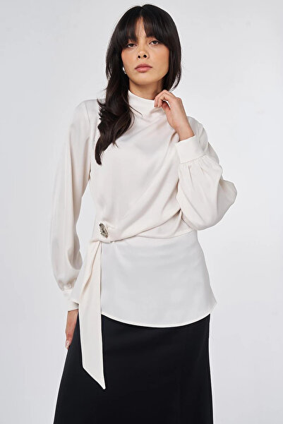Kayra High Collar Satin Blouse Ecru