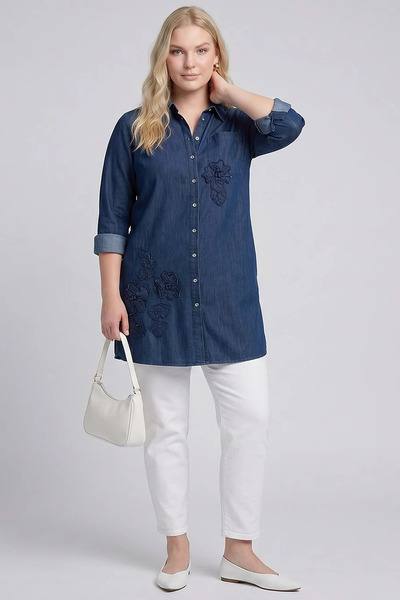 Kayra Embroidered Appliqué Washable Tunic Indigo