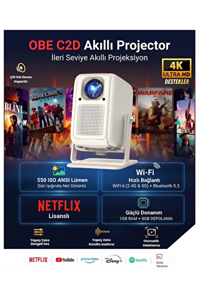 OBE C2D 650 ANSI Lümen 4K Destekli Netflix Sertifikalı 180 Derece Dönebilen O...
