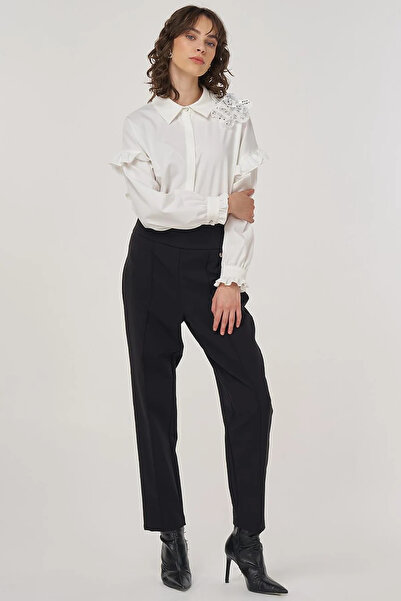 Kayra Çima Stitched High Waist Pipe Leg Trousers Black