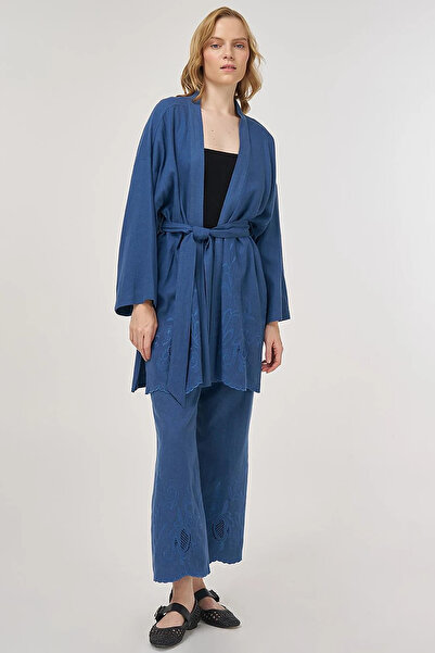 KYR Embroidery Appliqued Linen Viscose Kimono Suit Indigo