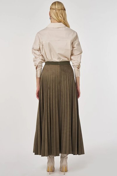 KYR Pleated Suede Skirt Khaki