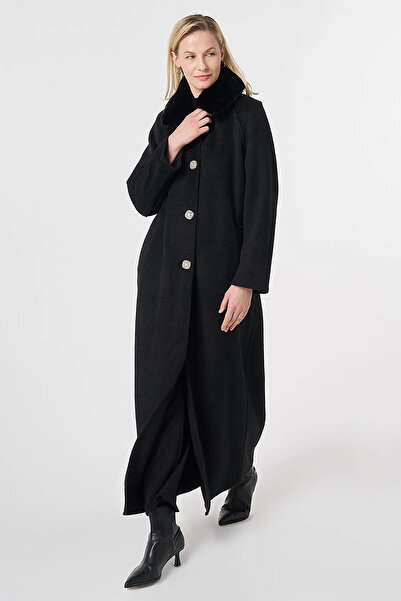 Kayra Long Cashmere Coat with Fur Collar Black