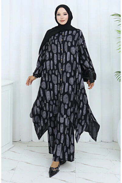 sefamerve Viscose fabric tunic pants double set 2138-03 black gray