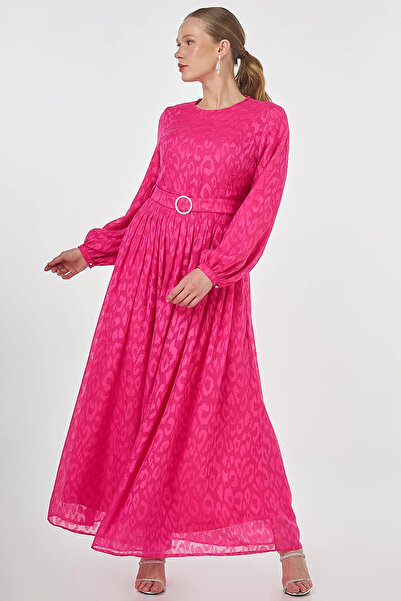 Kayra Jacquard Dress with Metal Accessories Fuchsia