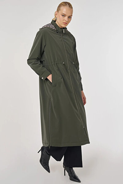 Kayra Zipper Detailed Faux Leather Anorak Coat Dark Khaki