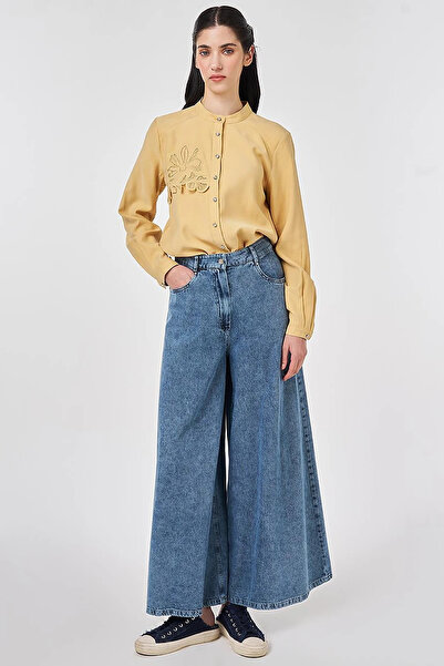Kayra Washable Wide Leg Denim Trousers Blue