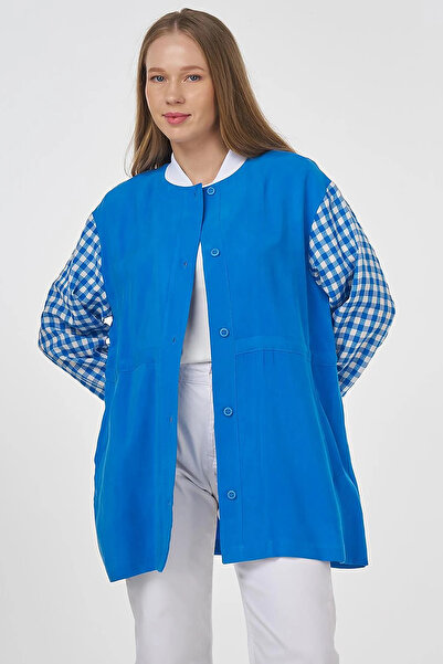 KYR Plaid Garnished College Collar Tunic Cobalt Blue