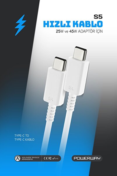POWERWAY S5 45 Watt Hızlı Şarj Destekli 5A İki Ucu Type-C Şarj ve Veri Aktarm...