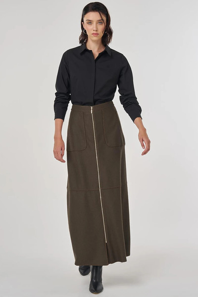 Kayra Zipper Closure Wool Skirt Khaki
