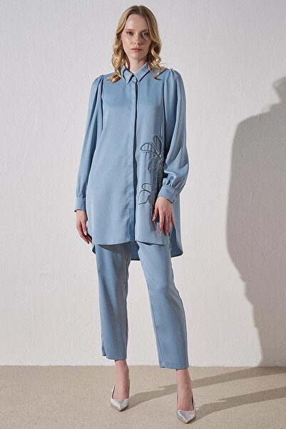 Kayra Button Detailed Jacquard Carrot Trousers Sea Ice