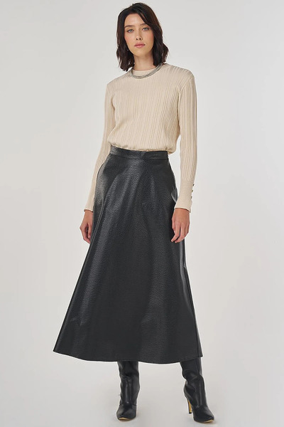 Kayra Faux Leather Flared Skirt Black