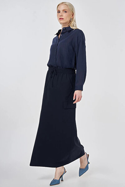 Kayra Cargo Pocket Piece Rayon Skirt Dark Navy Blue