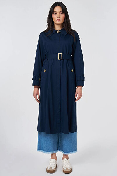 Kayra Şömizye Collar Belted Trench Coat Dark Navy Blue