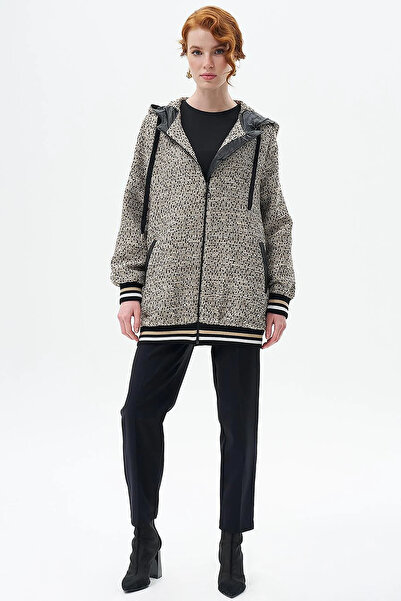 Kayra Hooded Detailed Ribbed Jacket Black-Beige