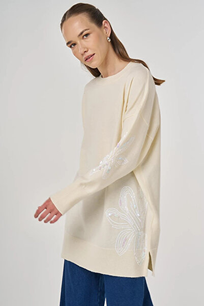 Kayra Sequin Detailed Knitwear Tunic Cream