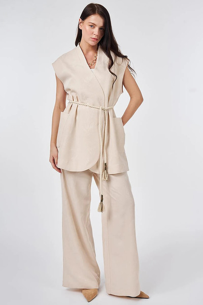 Kayra Cord Belted Modal Vest Suit Cream