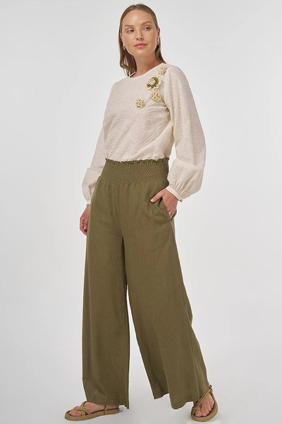 Kayra Gipe Stitched Linen Viscose Trousers Khaki