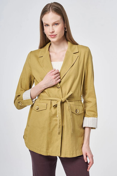 Kayra Cuff Detailed Belted Jacket in Fat Green