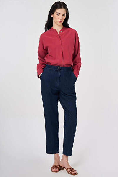 KYR Washable Elastic Waist Carrot Cut Denim Trousers Navy Blue