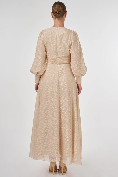Kayra Rochie Jacquard cu Detaliu Drapat Bej Nisip
