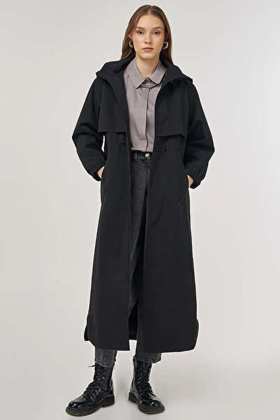 Kayra Drawstring Waist Stand Collar Parka Black