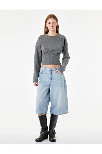 Koton Slim Fit Long Sleeve Crew Neck T-Shirt with Corset Detail