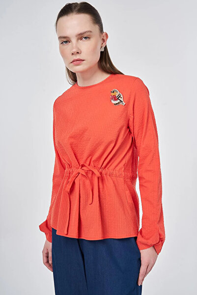 KYR 100% Cotton Piece Blouse with Brooch Detail Coral