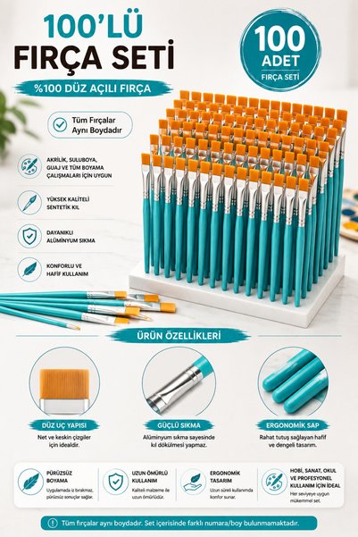 kendinyaphobi Set de 100 de pensule acrilice plate - Mâner ergonomic albastru, peri sintetici durabili - (CULORI MIXTE SE EXPEDIEAZĂ)