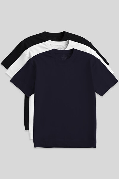 TOMMY LIFE Basic O-Neck Plus Size 3er-Pack Herren-T-Shirt in Schwarz-Weiß-Mar...