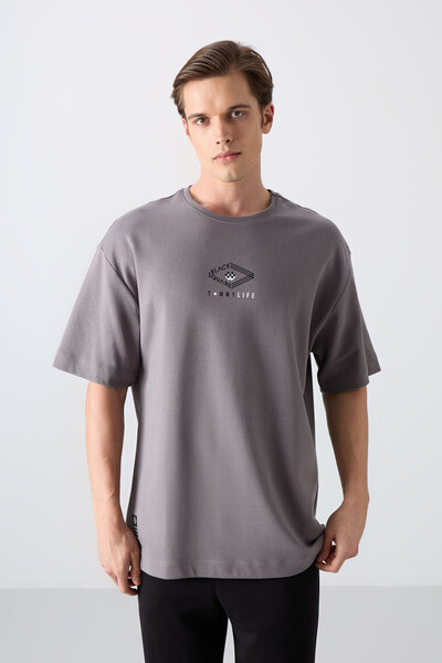 TOMMY LIFE Tricou pentru bărbați, bumbac, gri închis, gros, texturat moale, c...