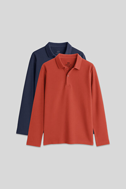 TOMMY LIFE Basic Polo Yaka 2li Paket Lacivert-Coral Unisex Çocuk T-Shirt - 11170