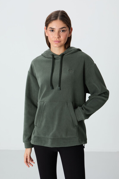 TOMMY LIFE Khaki Thick Soft Textured Hooded Oversize Embroidered Fleece Women...