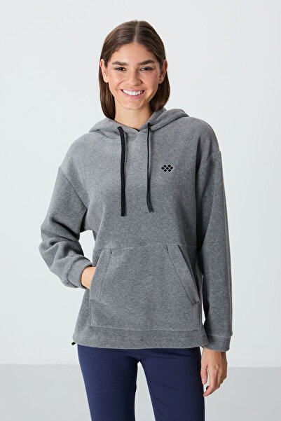 TOMMY LIFE Gri Melanj Kalın Yumuşak Dokulu Kapüşonlu Oversize Nakışlı Polar K...