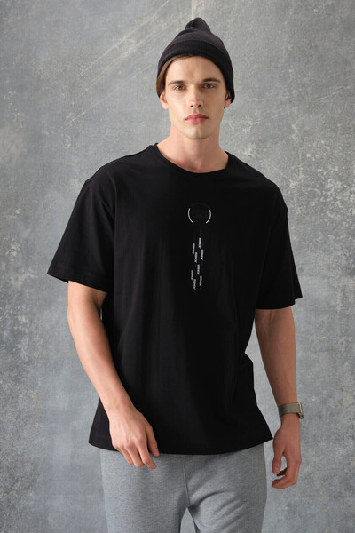 AIR JONES Black 100% Cotton Thick Soft Textured Oversize Fit Printed Men's T-...