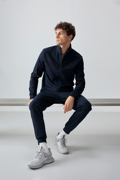 AIR JONES Navy Blue Surface Textured Standard Fit Embroidered Men's Tracksuit Set - 85248