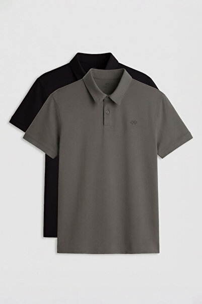 TOMMY LIFE Standard Fit Basic Polo Neck 2-Pack Black-Cagla Men's T-Shirt - 87748
