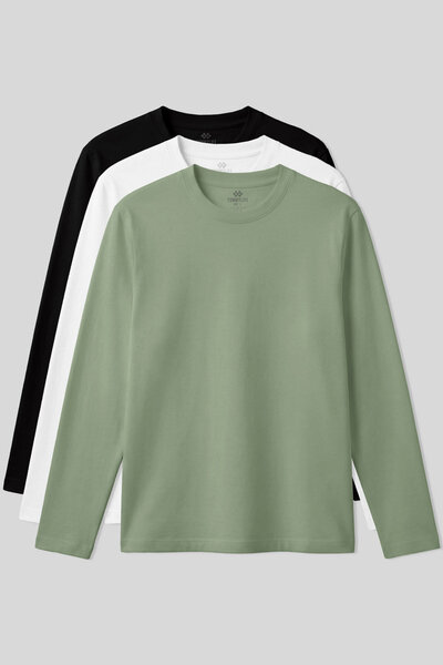 TOMMY LIFE Standard Fit Basic O Neck 3 Pack Black-White-Cactus Men's T-Shirt ...