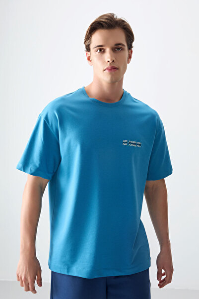AIR JONES Petrol Blue Cotton Thick Soft Textured Oversize Fit Printed Men's T...