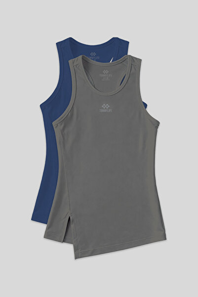 TOMMY LIFE Standard Mold O-Neck 2-Pack Indigo-Dark Gray Women's Sports Tank T...
